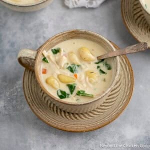 A mug filled with creamy chicken gnocchi soup.