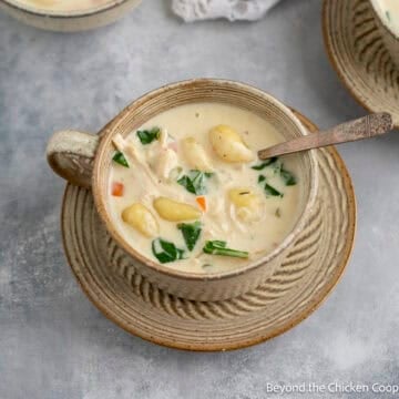 A mug filled with creamy chicken gnocchi soup.