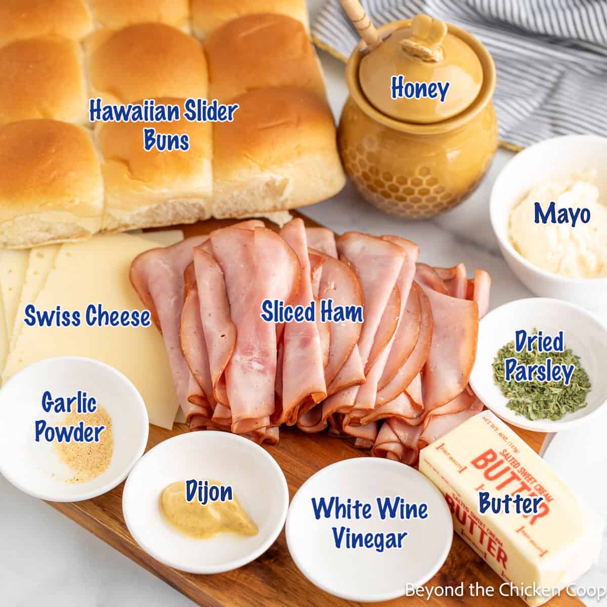Ingredients for making ham and cheese sliders.