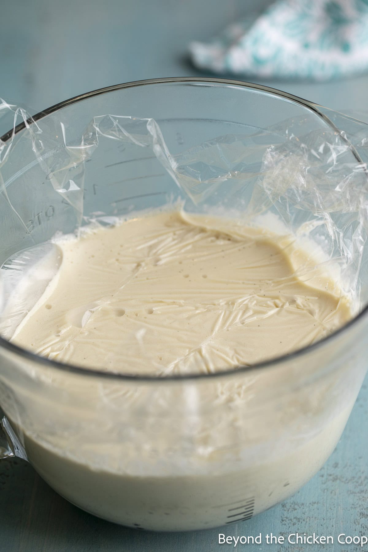 Covered custard in a glass bowl.