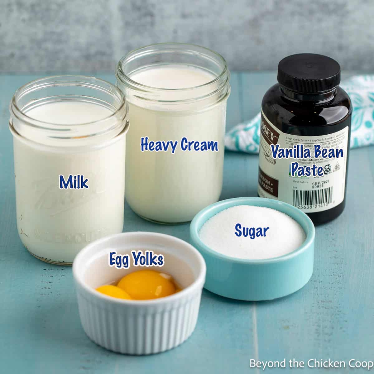 Milk, cream, egg yolks, sugar, and vanilla together on a counter.