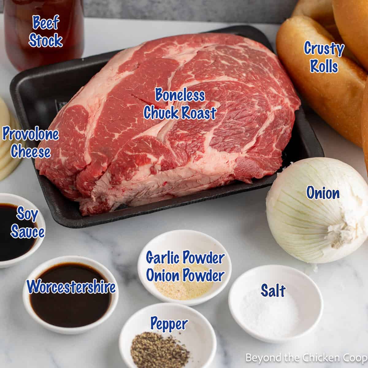 Ingredients for making French dip sandwiches.
