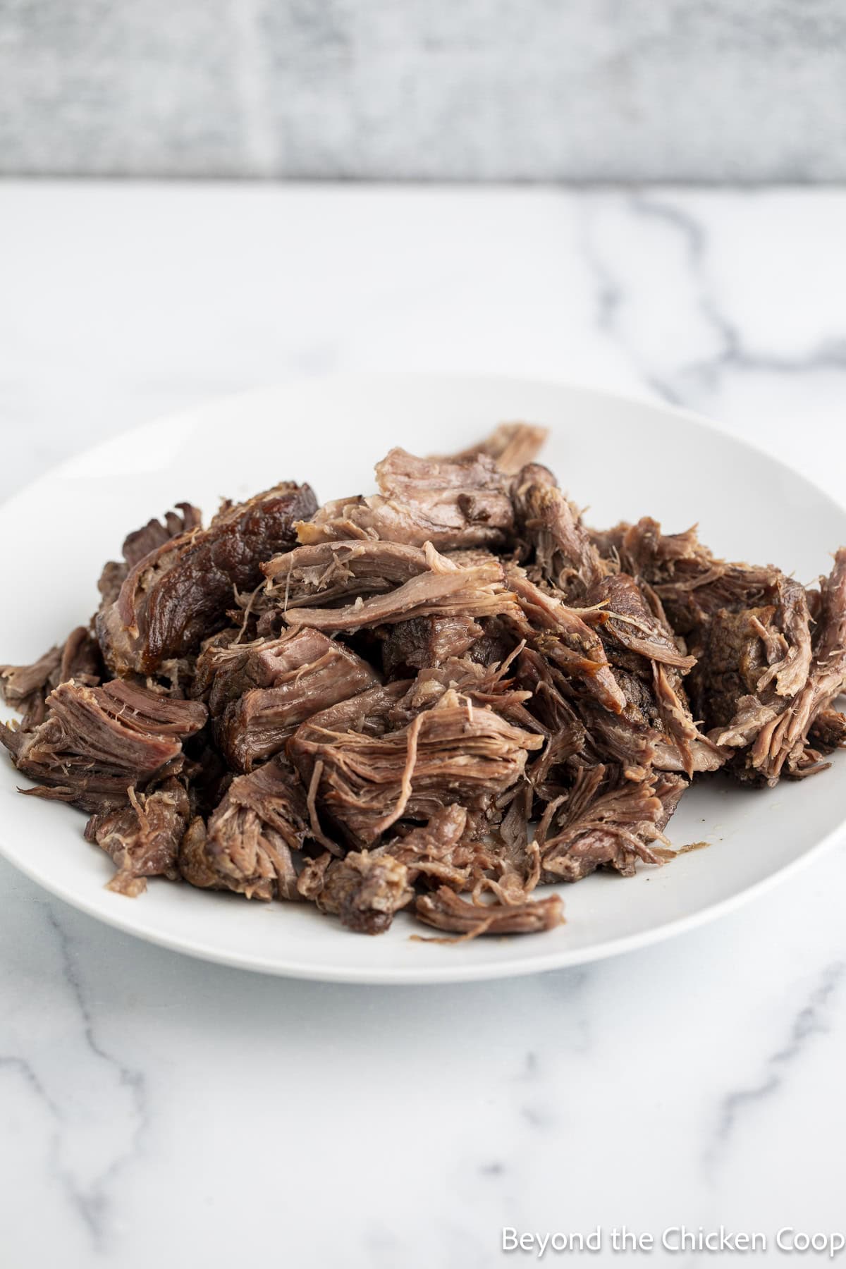 Shredded beef on a plate.