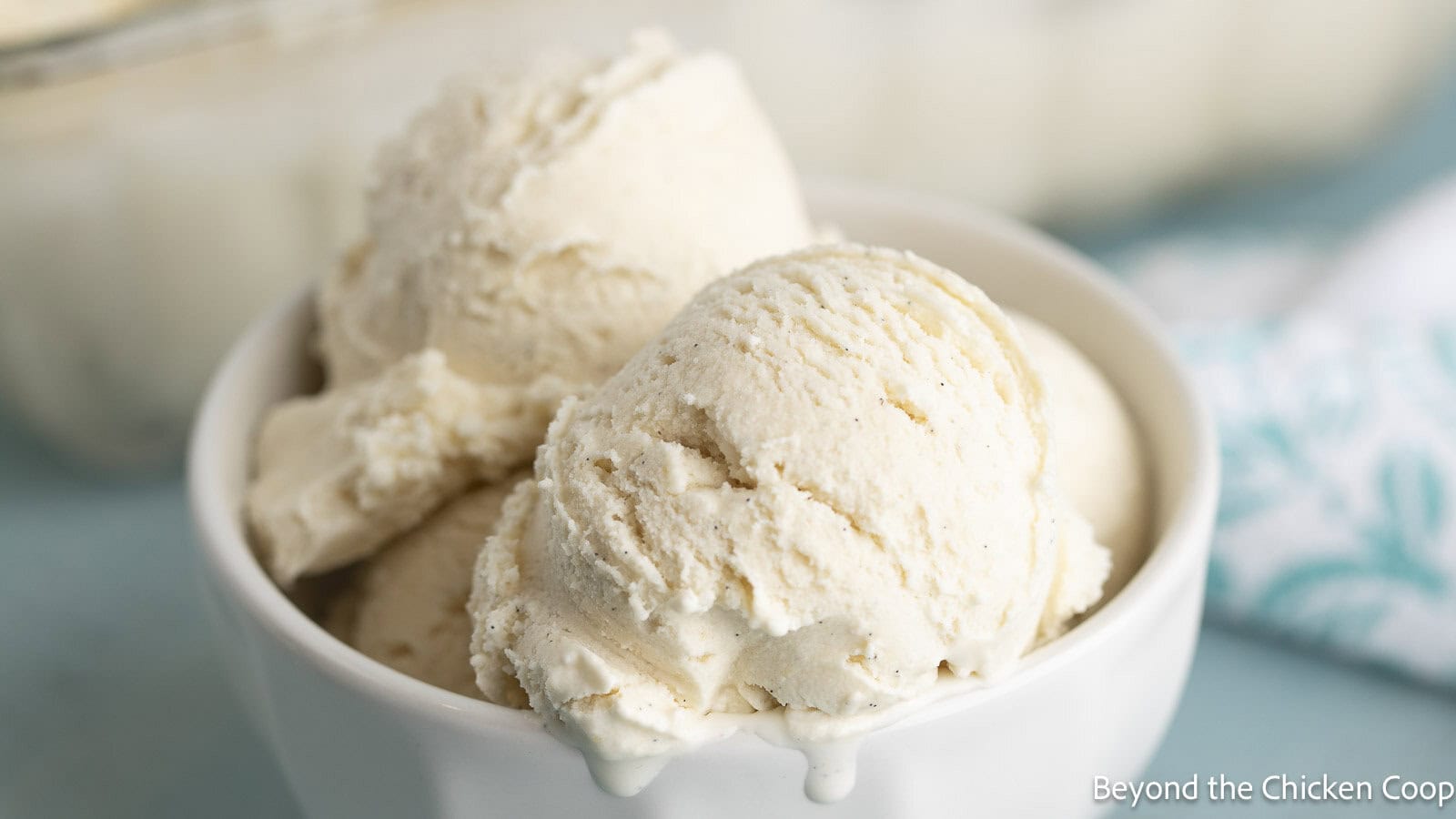 Scoops of vanilla ice cream in a white bowl.