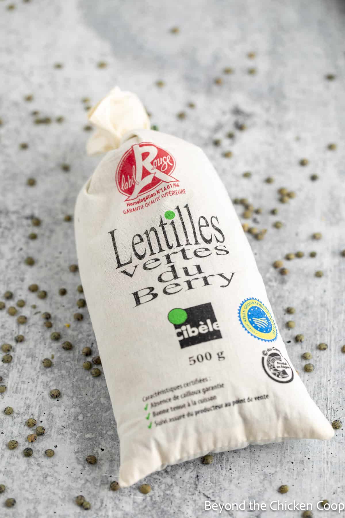 A cloth sack with lentils.
