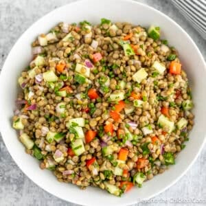 Lentil Salad in a white bowl.