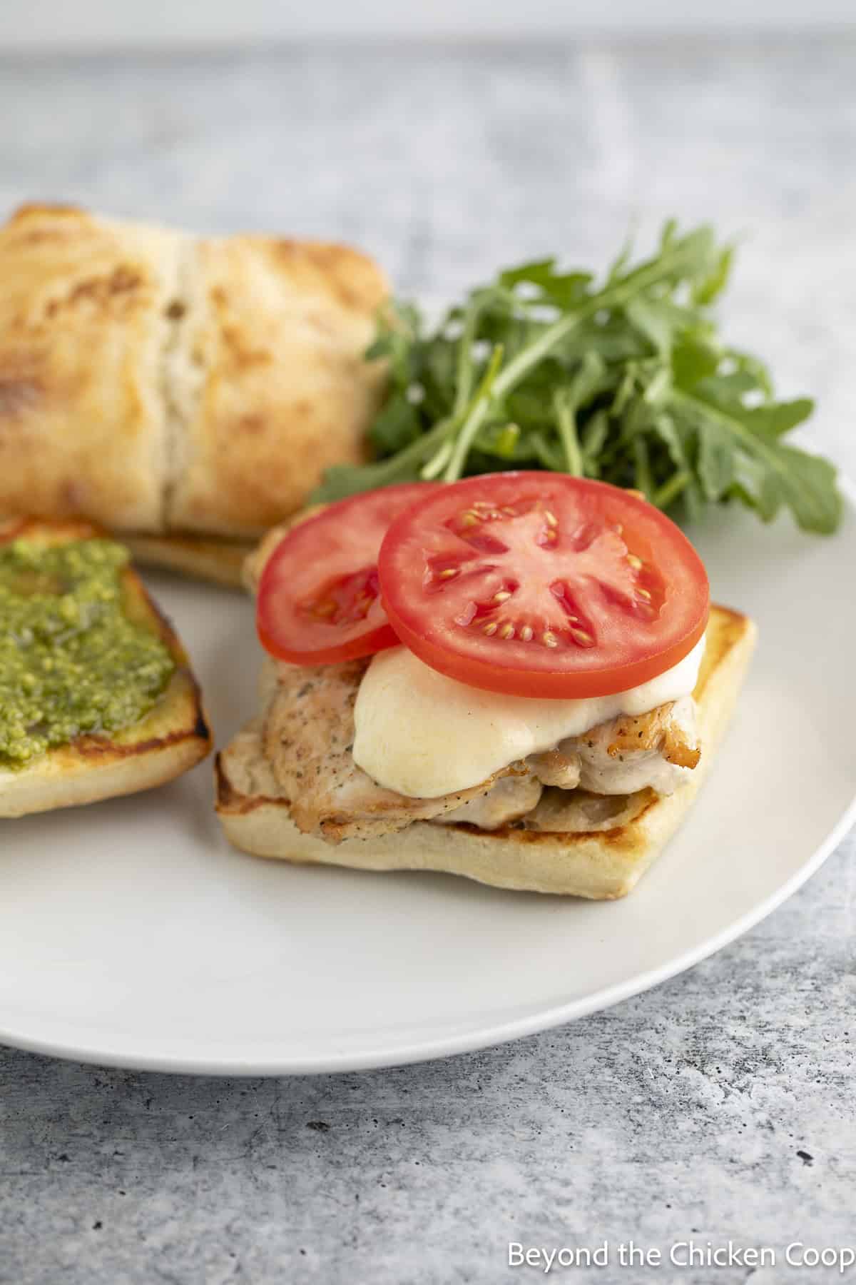 A chicken sandwich with sliced tomatoes on top.