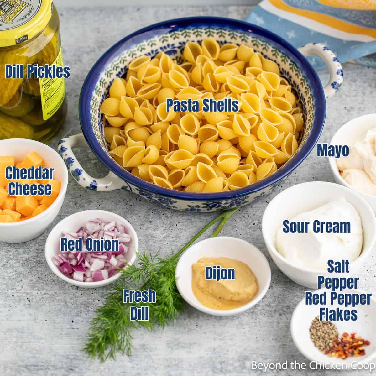 Dried pasta, mayo, sour cream, mustard, and other ingredients in small bowls.
