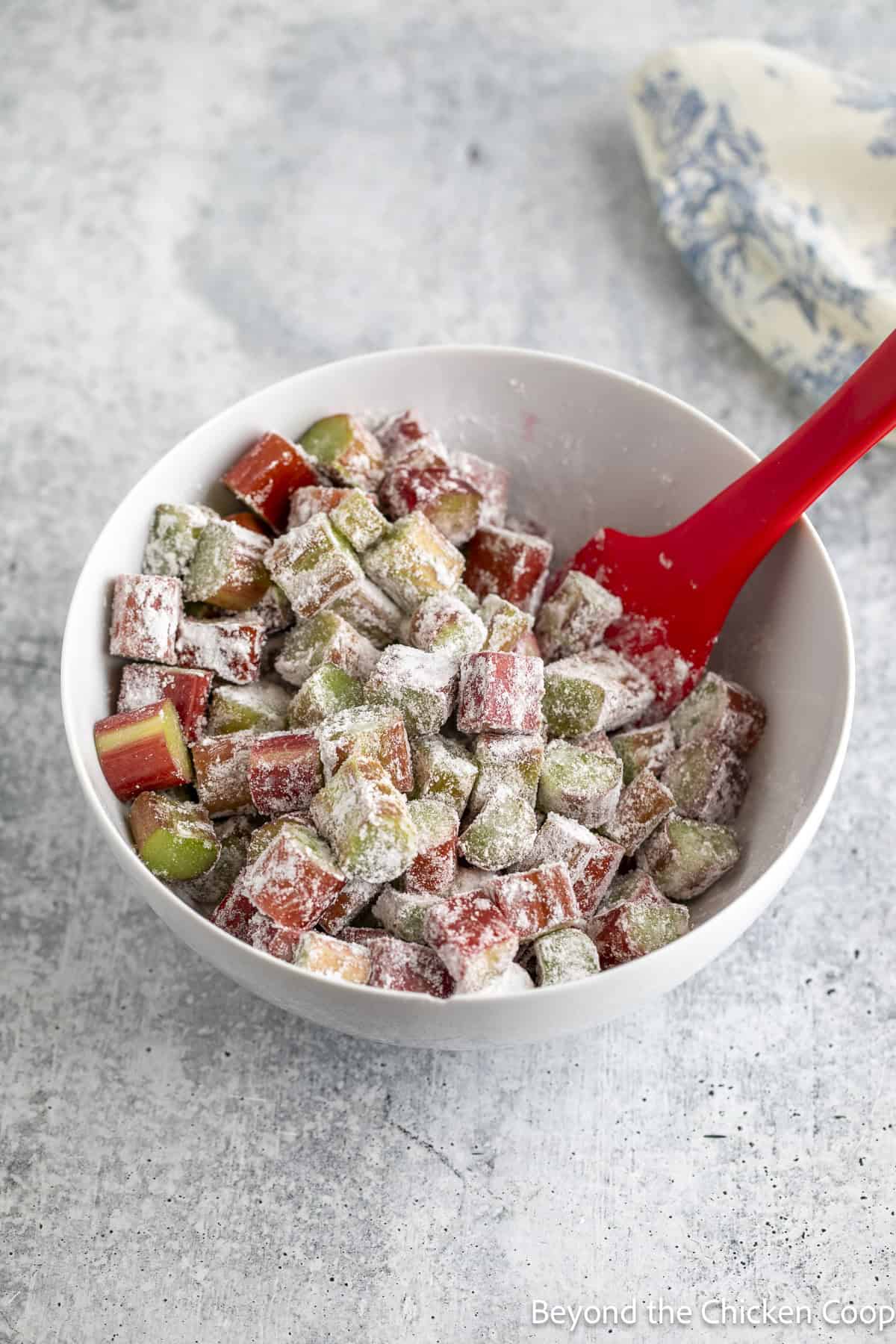 Chunks of rhubarb covered with sugar.