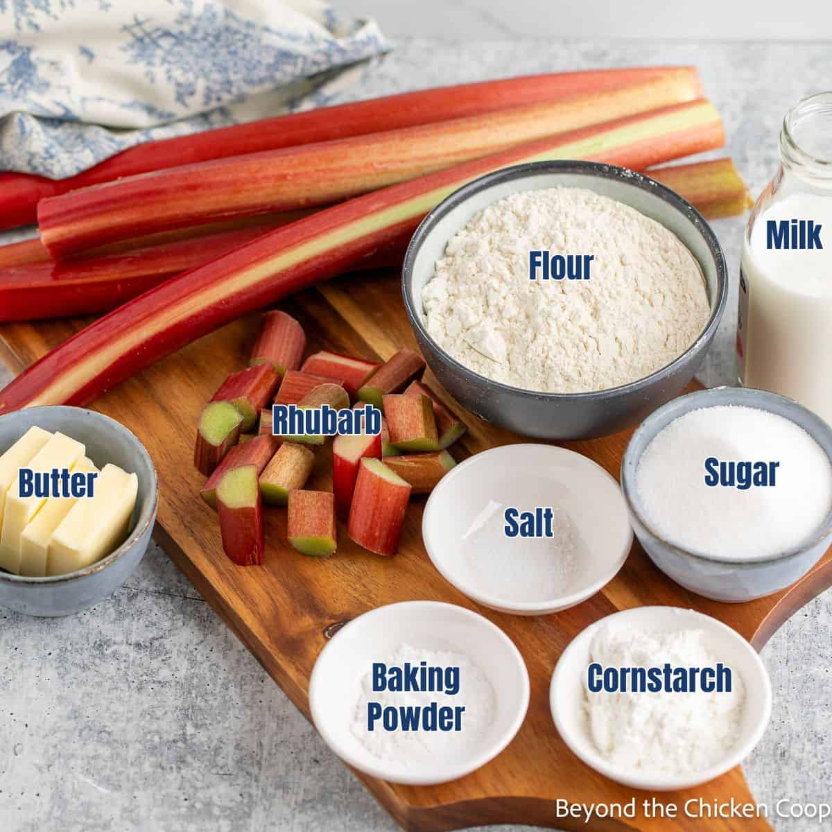 Ingredients for making rhubarb cobbler.