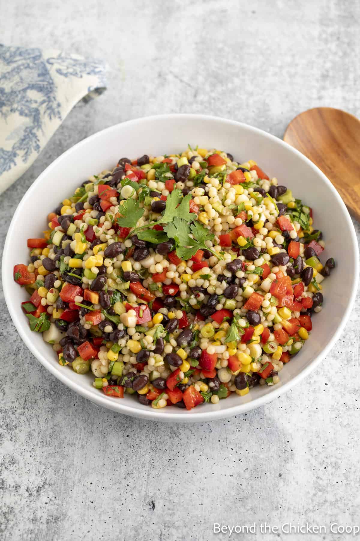 Pearl couscous salad with black beans, corn, and bell pepeprs.