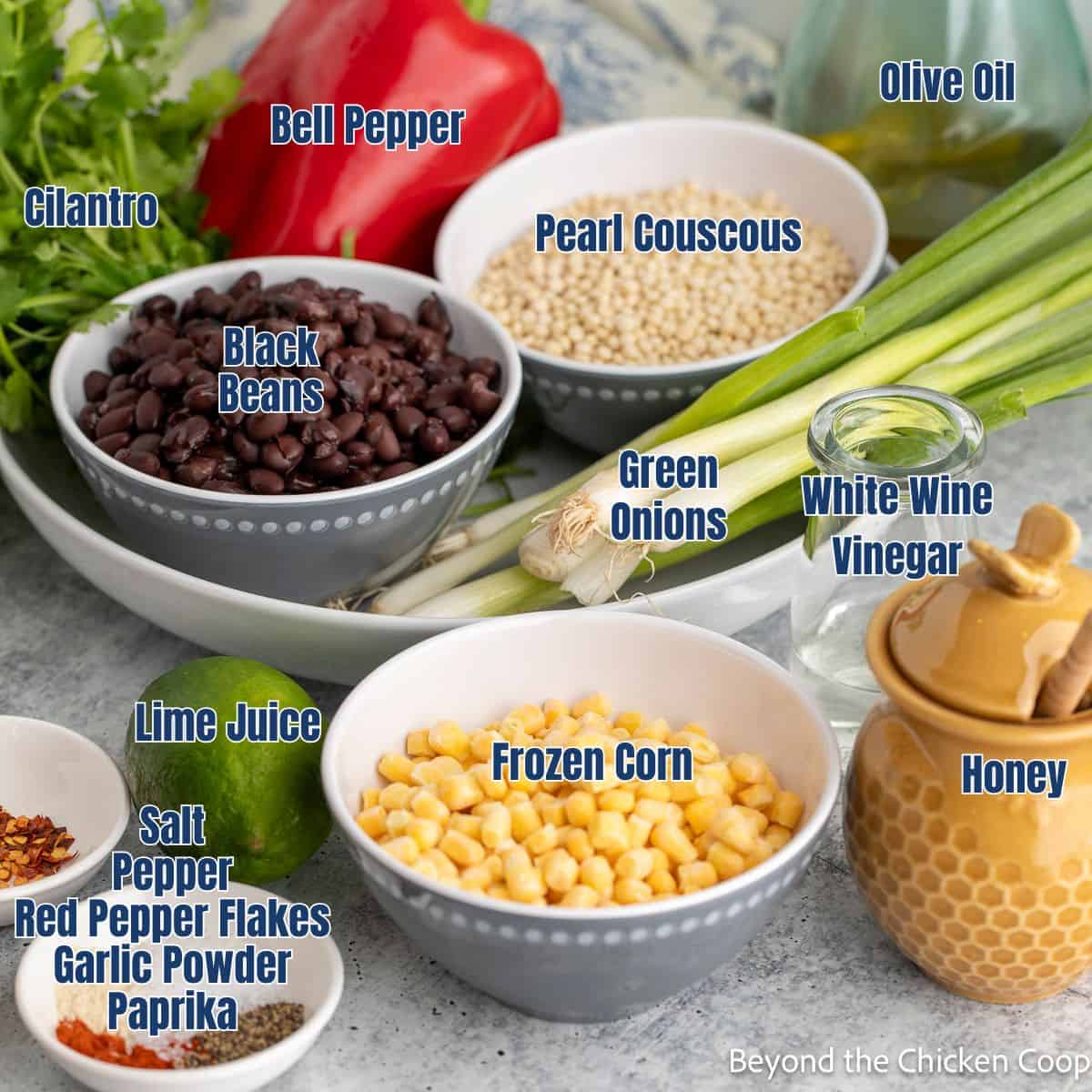Pearl couscous, black beans, corn, peppers, and green onions displayed together.