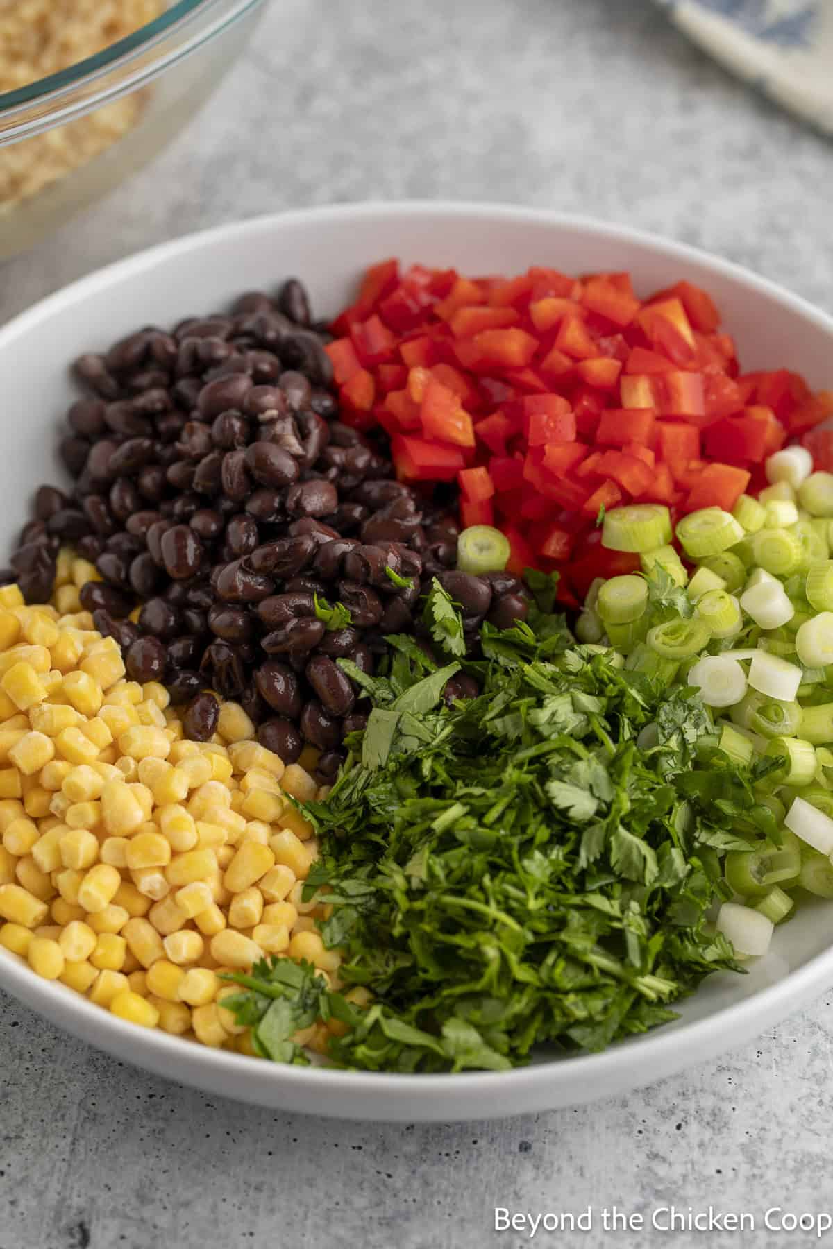 Chopped veggies, corn, and cilantro in a white bowl.