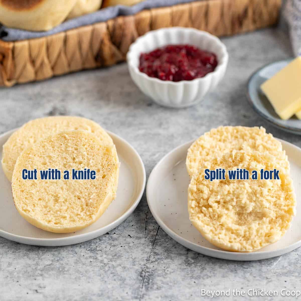 Fork split English muffin on a plate.