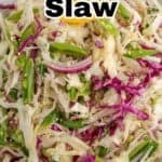 A cabbage salad with red and green cabbage.