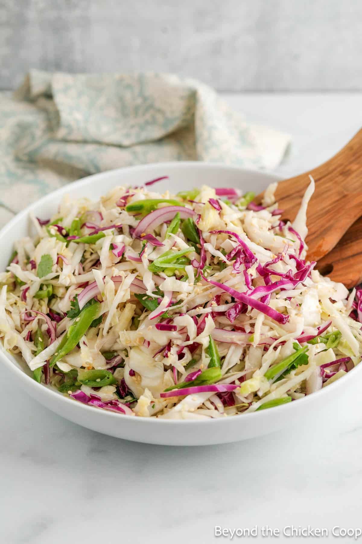 Red and white cabbage and green peas in a salad bowl.