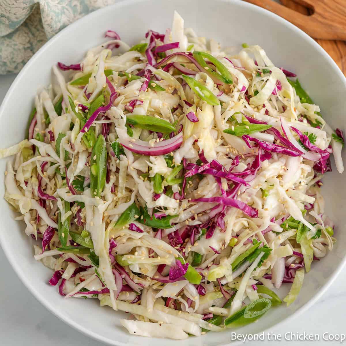 A white bowl filled with Asian Slaw.