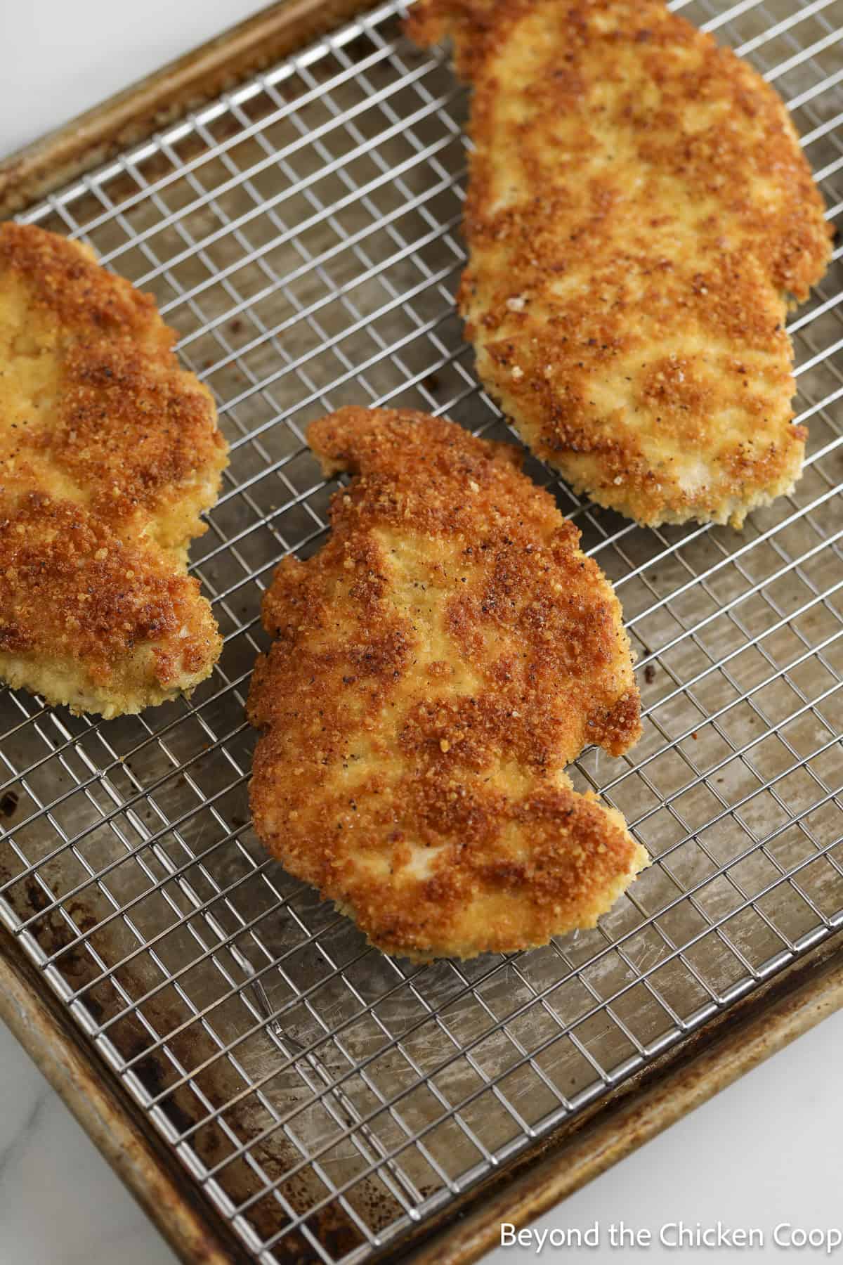 Chicken cutlets on a baking rack.