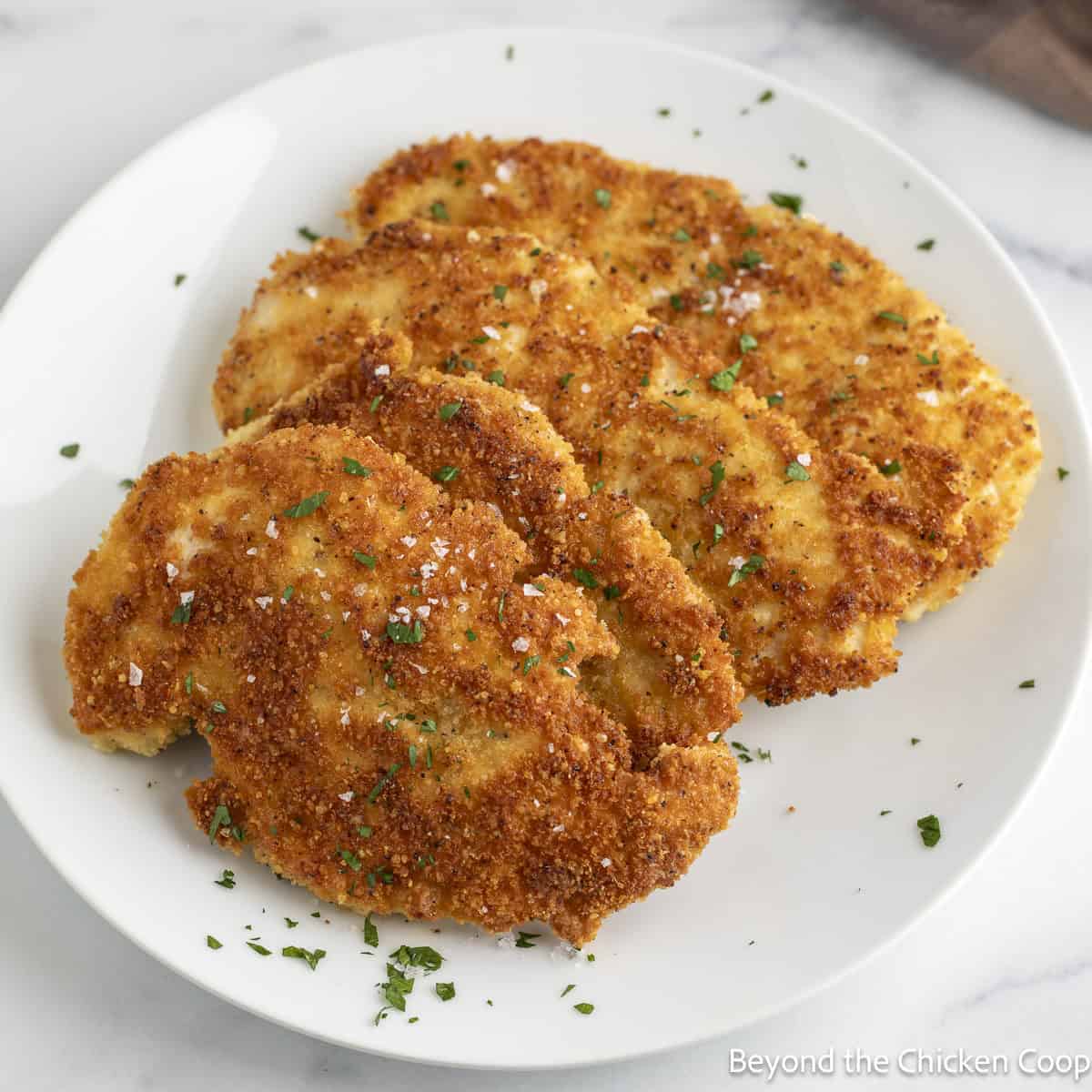 Crispy Parmesan Crusted Chicken on a white plate.