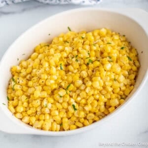 Sauteed Corn with Butter in a white dish.