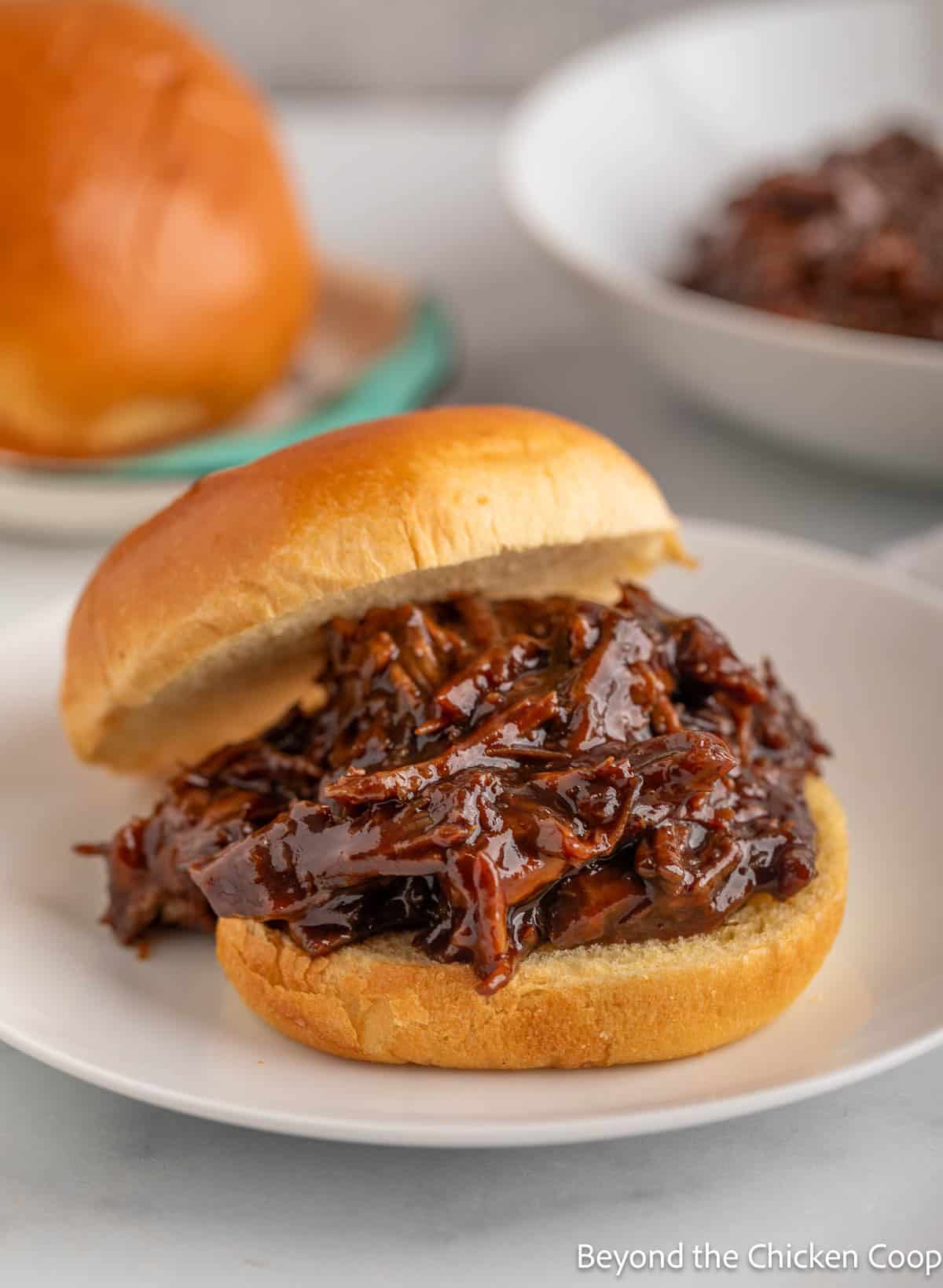 A sandwich filled with shredded barbecue beef.
