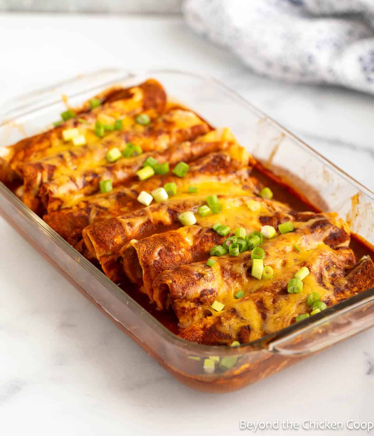 Enchiladas topped with green onions.