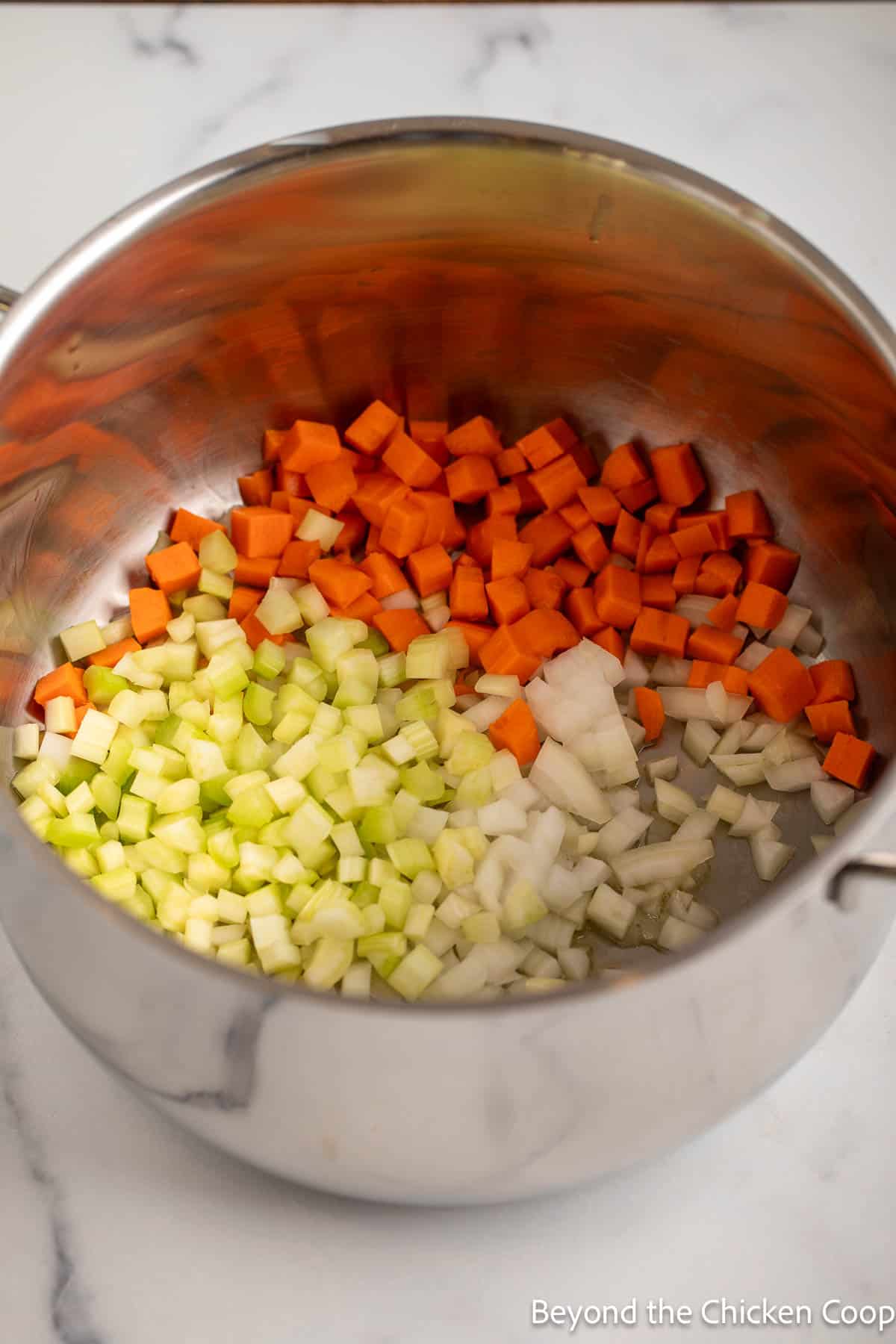 Carrots, onion, and celery in a stockpot.
