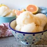 Scoops of sorbet in a blue patterned bowl.
