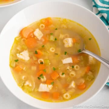 A bowl of chicken soup with pasta.