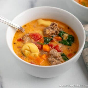 Creamy Tortellini Soup with spinach in a white bowl.